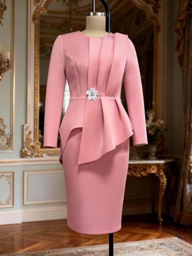 Image of ONTINVA Irregular Business Dress for Women's Outfits Ruffled Peplum Tops Floral Applique Formal Pencil Dresses
