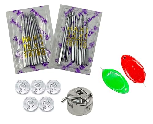 Image of ZENITH Sewing machine Needles HA Size (14 /90 & 18 /110) 10 pc Needles each , 5pc Plastic Bobbins ,1 Bobbin case & 2pc Needle Threader Combo Suitable for Home Sewing machines like Usha Janome, SINGER, BROTHER