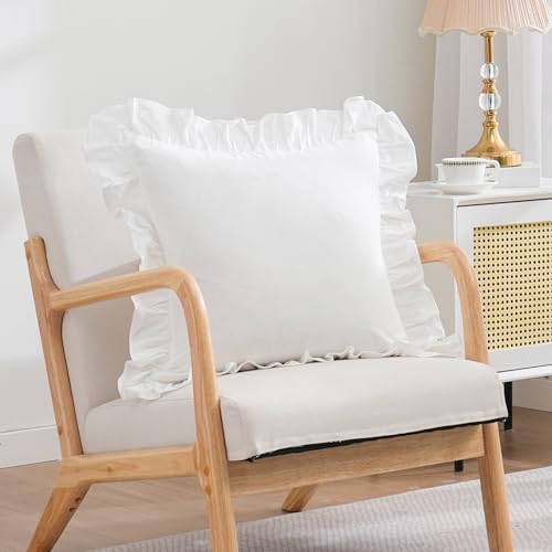 2 Pack Ruffle Throw Pillow Covers Farmhouse Off White Shabby Washed Cotton Decorative Pillow Shams for Bed, Sofa, Living Room-20"x20" White