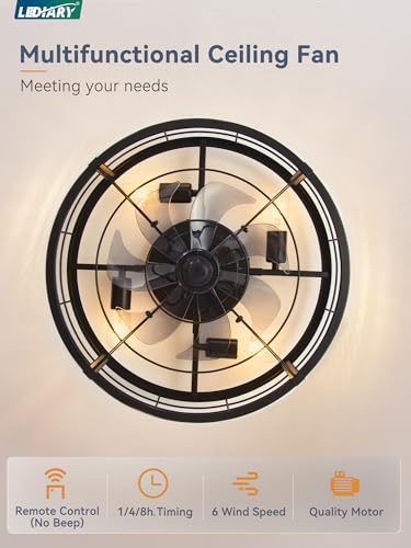Image of LEDIARY 20 inch Caged Ceiling Fan with light and Remote, Low Profile Flush Mount Fandelier, Black Bladeless Enclosed Small Fan Ceiling Light Fixtures, Rustic Farmhouse Style for Bedroom, Outdoor