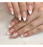 Christmas Press on Nails Medium Length Almond Fake Nails with White Snowflake and Elk Design Roma...