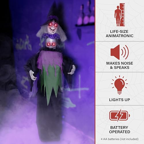 Haunted Hill Farm Lifesize Animatronic Scary Talking Witch with Touch Activated Lights and Sound, Battery-Operated Indoor or Covered Outdoor Halloween Decoration