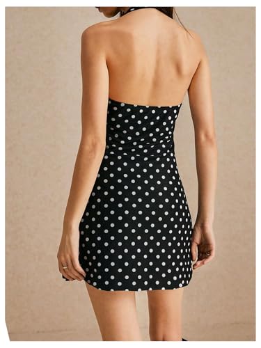 Image of Floerns Women's Summer Sleeveless Halter Backless Tie Back Polka Dots Bodycon Mini Sun Dress