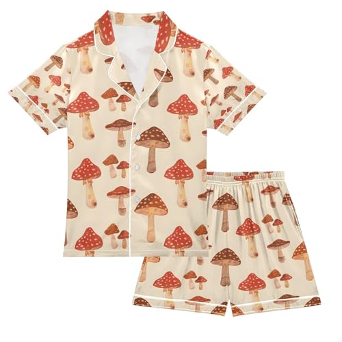 senya Cartoon Mushroom Red Satin Summer Pajama Sets Silk Short Sleeve Button Down Sleepwear