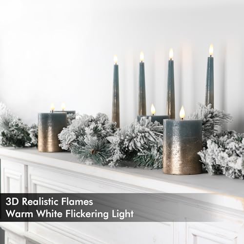 Image of Fanna 9.6 inch Flameless LED Taper Candles with Timer in Real Wax, Battery Operated Rustic Metallic Dinner Candlesticks with Remote, 8 Batteries Included - Set of 4 - Misty Blue /Copper