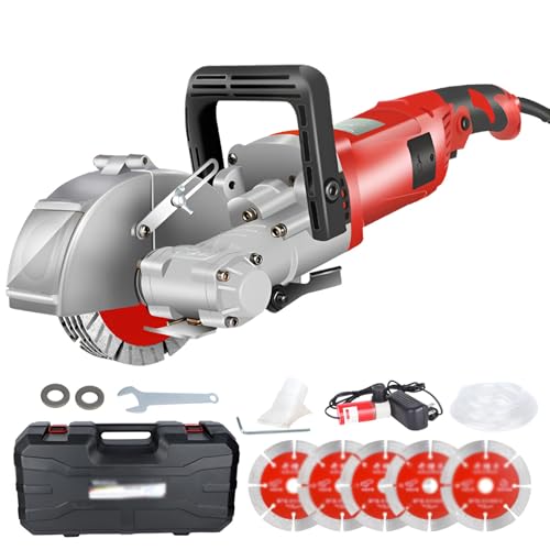 Wall Chaser with 5 x 125mm Blades, Electric Slitting Machine Wall milling Machine with Suitcase, 7500r / min, 0-37mm Cutting Depth, Concrete Saw for Granite Marble Concrete Stone red