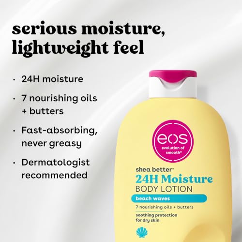 Image of eos Shea Better Body Lotion Beach Waves, 24-Hour Moisture Skin Care, Lightweight & Non-Greasy, Natural Shea Butter, Vegan, Beachy Coconut Scent, Moisturizing Body Lotion for Dry Skin, 16 fl oz