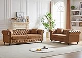 2 Piece Living Room Sofa Set,Button Tufted Couch and Loveseat Set with Nailhead Trim&Roll Armrest,Upholstered Mid Century Modern Couch,Chesterfield Sofa for Living Room,Office(Loveseat+3 Seater,Brown) -  JEEOHEY
