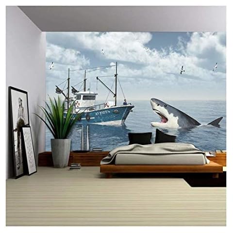 wall26 Fishing Trawler and Great White Shark Wall Mural Cover