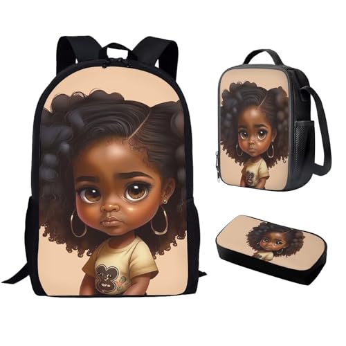 African Black Girls Backpack with Lunch Box and Pencil Case,Elementary School Bag for Kids Age 5-9/8-12/12-14,Student Bookbag Lunch Bag Set