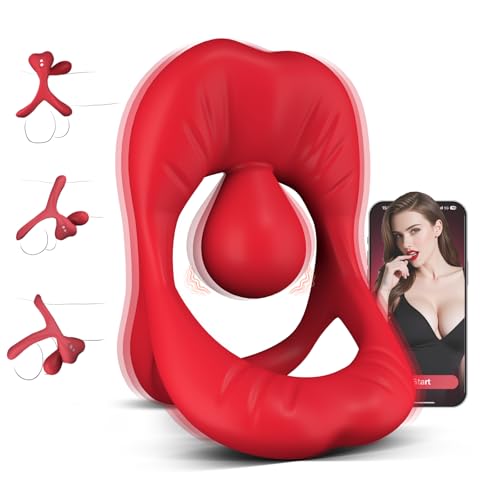 Couples Adult Sex Toys Vibrating Cock Ring - 4 in 1 Stretchy Silicone Penis Ring Vibrator for Men Women, 9 Vibration Modes Lip Clitoral Stimulator, APP Remote Control Male Sex Toy for Sex Game