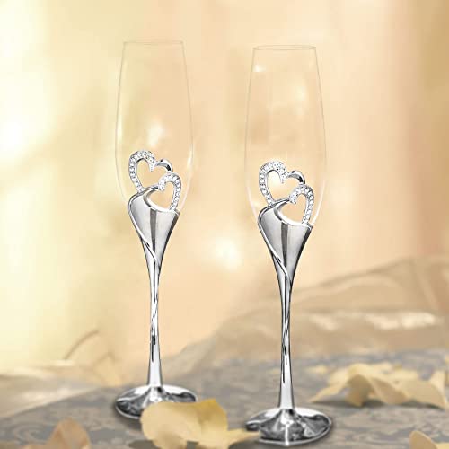 Wedding Champagne Glass Set Silver Toasting Flute Glasses Pack Of 2 With Rhinestone Rimmed Hearts Decoration For Wedding, Anniversary And Special Occasions #TOP3