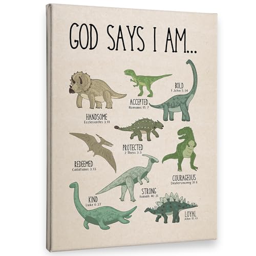 PHAMTE Christian Dinosaur Wall Art Decor Canvas, God Says I Am Bible Verse Dino Pictures Wall Decor Decorations Art, Dinosaur Scripture Framed Prints Artwork for Boys Kids Room Bedroom Playroom 11x14