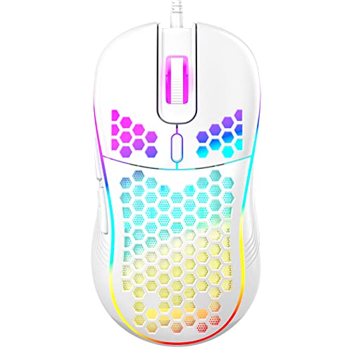 MELOGAGA Souris de jeu ultra légère avec design en nid d'abeille, haute précision, éclairage RVB éblouissant et 7 boutons programmables – Parfaite pour les jeux de compétition (blanc)