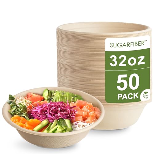[50 COUNT]Harvest Pack PFAS FREE 32oz Round Paper Bowls, Compostable Heavy-Duty Eco-Friendly Disposable Bagasse Large Soup Bowls, sugarcane made for Meal Prep Takeout Dinnerware, Microwave Safe