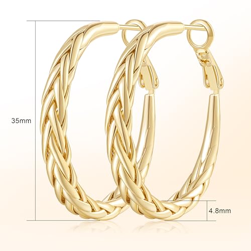 SPOINT Gold Hoop Earrings 14K Gold Hoop Earrings Large Hoops Earring for Women Timeless Hoops Intricate Weave Design Thick Womens Earring 35mm2