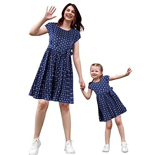 Frauen Mädchen Vintage Polka Dots Kleid Flügelärmel Mutter und Tochter Casual Swing Kleid Familie Passendes Outfit Eltern Kind Sommerkleidung Navy Blau 8-9 Jahre Cover