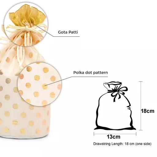 Image of 3A Featuretail 13CM X 18CM Small Drawstring Bags Pouches Potli for Gift Wedding Jewelry Packaging Bridal Party Favors for Women (25 pc Pack, Cream Color Golden Polka Dot)