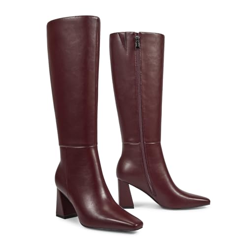 ISNOM Knee High Boots for Women Chunky Tall Boots Square Toe Long Boots with Side Zipper Block Heeled PU Leather Boot Womens Fall Winter Boot Fashion Dress Date Party2