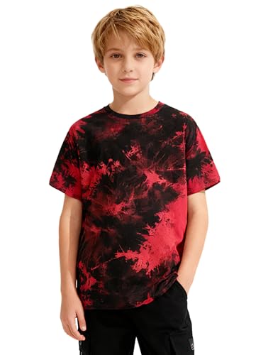 NUMYEAN Boys Tie Dye Shirt Cotton Short Sleeve Tshirts for Boys Summer Tops Kids Clothes Red Black 11-12 Y