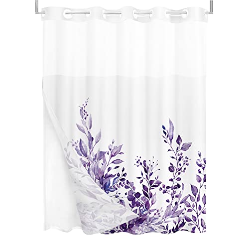 Tititex No Hooks Snap In Liner Purple Eucalyptus Leaves Shower Curtain Sets, Hotel Luxury Double Layers Waterproof Fabric & See-Through Top Window Bathroom Decorative 72X72 Inch #TOP3