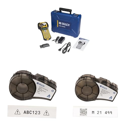 Image of Brady M210 Portable Label Printer Kit (M210-KIT), Yellow /Black & Authentic (M21-750-595-WT) All-Weather Vinyl Label & Authentic (M21-750-499) Multi-Purpose Nylon Label