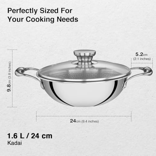 Image of Prestige 24cm /2.7L Tri-Ply Stainless Steel Hexamagic Kadai with Lid| Honeycomb Structure|Durability of Triply|Metal Spoon Friendly| Gas & Induction Compatible|Dishwasher Safe|Low Oil Consumption|Grey