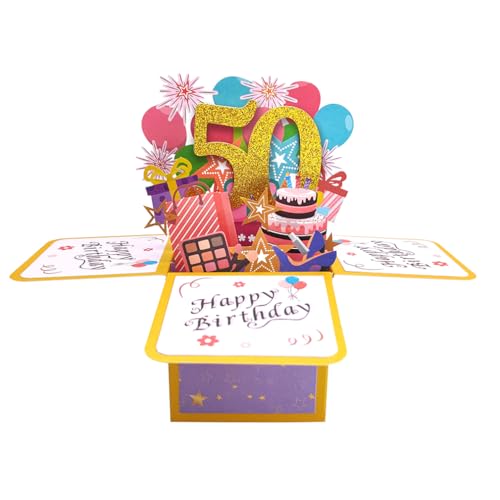 Biglietto pop-up colorato per il 50° compleanno per lei, biglietto 3D Happy 50° compleanno con busta e nota, idea regalo unica per le donne