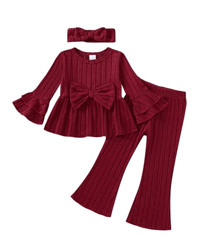 Image of SODLON Baby Girl Clothes Toddler Fall Winter Outfits Ruffle Long Sleeve Bow Top Flared Pants Set Bell Bottom Clothing 18M-5T