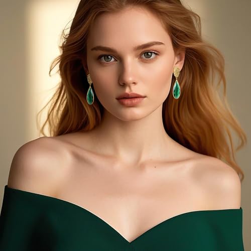 Long Green Crystal Teardrop Drop Dangle Earrings Vintage 14K Gold Plated Emerald Earrings for Women Sparkle Crystal Jewelry for Wedding Party Formal Prom - 1.8 in2