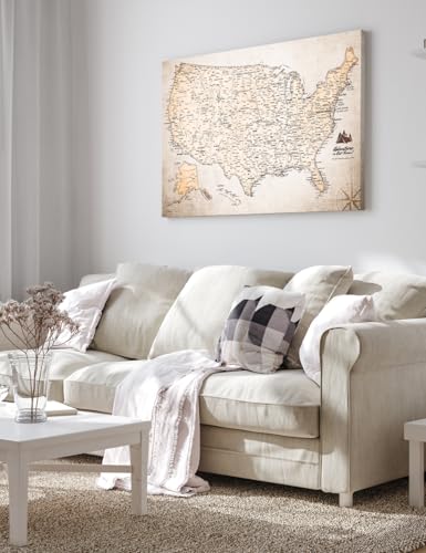 Image of IPIC - Vintage USA Canvas Wall Art, Oversize Travel Map Print for Home, Office, or Study, Push Pin Board Decor for Travel Lovers, Ready to Hang