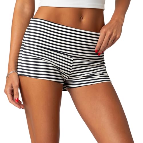 ONLYSTORY Womens Shorts Y2k Low Waist Fold Over Micro Shorts Going Out Lounge Pj Yoga Workout Mini Short(Black White Stripe XL)