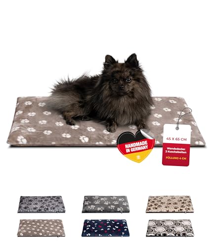 HS-Hundebett® Hundedecke XS (45x65 cm) – Wendbar & gemütlich Dank 3 cm Füllung – Perfekt fürs Sofa, Auto & Hundebox – Tatze Beige, Made in DE