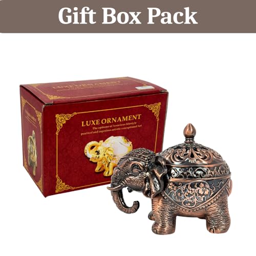 Image of Trunk Down Elephant Incense Cone and Loban Burner, Copper Finish, Handcrafted, Decorative Figurine with Lid, Home Decor, Dhoop Batti and Dhuni Holder for Temple, Meditation