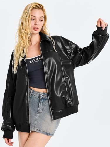 Tankaneo Womens Faux Leather Jackets Oversized Bomber Casual Fall Fashion Zip Up Moto Biker Coats3