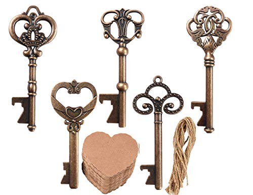Yuokwer 50 pcs Key Bottle Opener Wedding Favor with Heart Tag Card,Assorted Vintage Skeleton Key Bottle Opener Party Favor Gift Supplies Antique Rustic Decoration （Style 2） (Antique copper, 50)