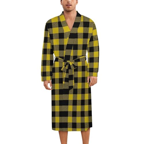 Robe de nuit en soie homme femme : kimono léger imprimé écossais jaune avec ceinture