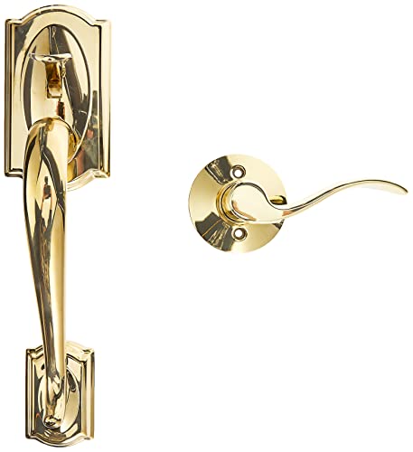 Image of Schlage FE285 CAM 505 ACC 605 LH Camelot Front Entry Handleset with Left-Handed Accent Lever, Lower Half Grip, Bright Brass
