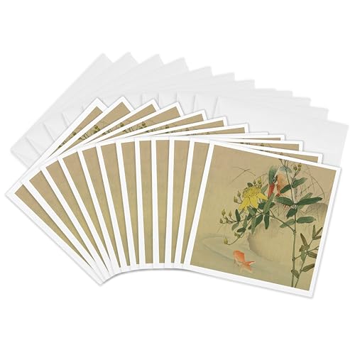Cartes de vœux 3dRose peinture asiatique oiseau poisson orange