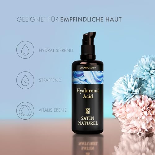Satin Naturel Hyaluron Serum Hochdosiert 100ml – Bio Hyaluronsäure Serum Gesicht – Anti-Aging Feuchtigkeitsserum – Vegan – 24h Feuchtigkeit – Gesichtspflege für Frauen und Männer