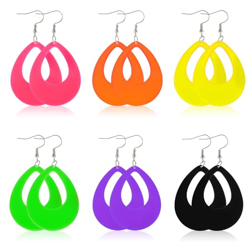 Neon Earrings for Glow party, 6 Pairs 80s 90s Acrylic Neon Dress for Women Glow Club Dangle Geometry Pendant Outfit for Dating Shopping Accessories