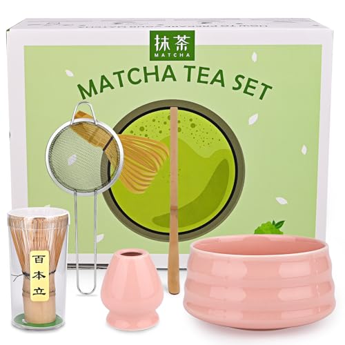 Dreamhigh 5 Piezas Juego de Matcha, Matcha Set con Batidor de Bambú, Cuchara de Filtro, Colador y Cuchara de Matcha para Preparar Matcha Tradicional, Idea de Regalo para Amantes del té, Rosa