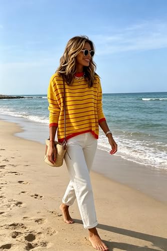 Image of Womens Striped Lightweight Cotton Sweaters Long Sleeve Crew Neck Color Block Casual Knitted Pullover Tops