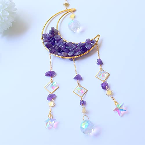 Amethyst Crystals Suncatcher - Hanging Moon Sun Catcher with Glass Prisms for Windows, Healing Amethyst Crystal Decor for Home, Gift for Christmas Birthday Valentine Mothers Day - Thumbnail 5