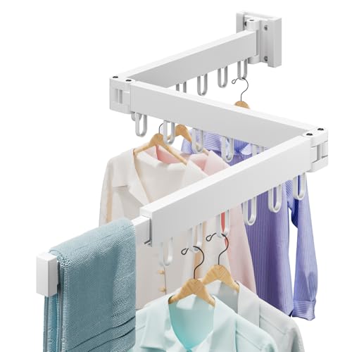 Abiglifty Clothes Drying Rack Wall Mounted, Laundry Drying Rack Collapsible, Foldable & Retractablewith 18 Hooks for Indoor/Outdoor Use inLaundry Room, Bathroom & Balcony (White)
