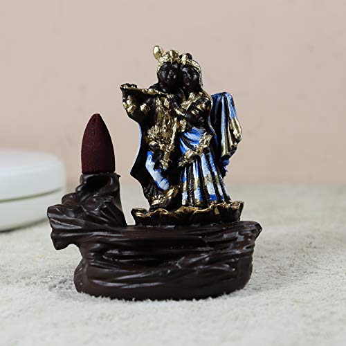 Image of CRAFTAM Polyresin Smoke Backflow Fountain Like Waterfall Radha Krishna Incense Holder Decorative Showpiece Gift with Free 10 Scented Cone Incenses (Blue)