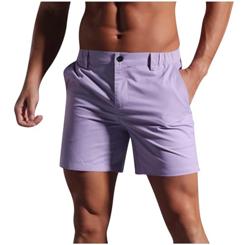 Men's Cargo Shorts Fashion Solid Color Dressy Casual Short Pants Slim Fit Sweatpants Beach 5''Pants with Pocket Purple Large