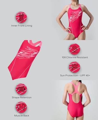 Image of Speedo Gir's Enduraflex Medley Print Muscleback V-Cut One Piece Swimsuit | Swimming Costume for Girls | Shape Retention Fabric | UPF 40+ Sun Protection | Chlorine Resistance