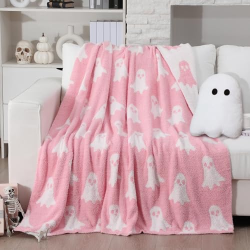 Hillsuren Halloween Throw Blankets and Pillow Set Include Ghost Spooky Pink and White Double Sided Flannel Blanket 50 x 60 Inch and Plush Throw Pillows Cushion for Couch Sofa Bed Home Decorations