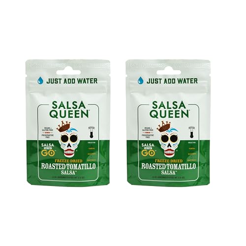 Salsa Queen Gourmet Freeze-Dried Roasted Tomatillo Salsa | Fresh Ingredients | 3+ year life | No Refrigeration Needed | Vegan, Keto, and Gluten Free | Camping, Travel, Outdoors, Space Travel